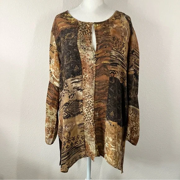 CHICO'S Patchwork Tunic Blouse L Linen Silk Dressy Beads Artsy Lagenlook Resort - Picture 2 of 14
